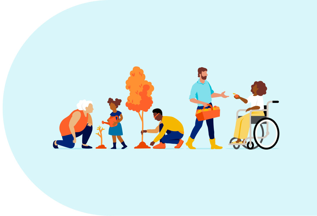 Ilustración de un grupo de personas que hacen su parte para ayudar al medioambiente
