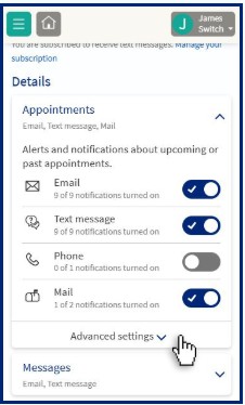 MyChart appointments settings screen