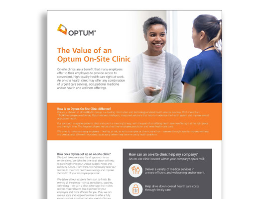 Sell sheet titled 'The Value of an Optum On-Site Clinic'